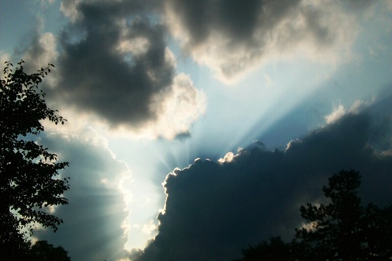 Sunlight Through Clouds — Blue, Dramatic, Afternoon, Photograph, Trees, Sky