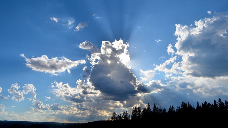 Sunlight Through Clouds — Blue, Dramatic, Afternoon, Photograph, Trees, Sky, White, Black