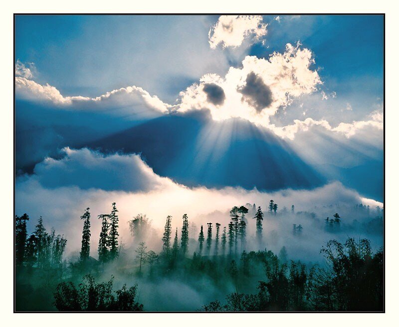 Sunlight Through Clouds — Blue, Dramatic, Morning, Photograph, Mountain