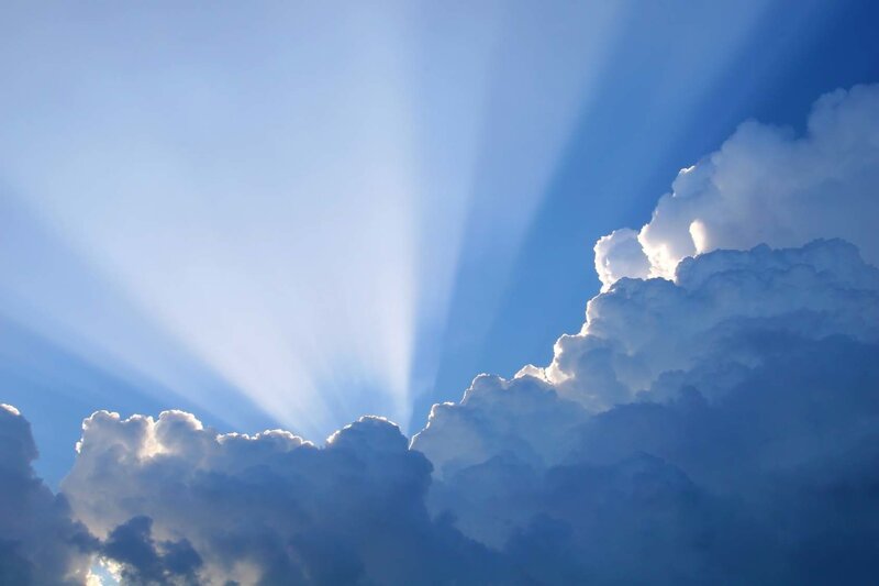Sunlight Through Clouds — Blue, Dramatic, Morning, Photograph, Sunbeams, White