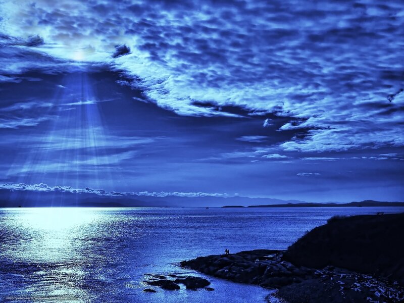 Sunlight Through Clouds — Blue, Dramatic, Night, Photograph, Sea