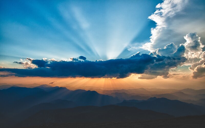 Sunlight Through Clouds — Blue, Dramatic, Sunrise, Photograph, Mountains
