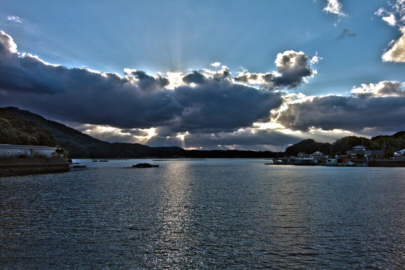 Sunlight Through Clouds — Blue, Dramatic, Sunrise, Photograph, Water, Hills