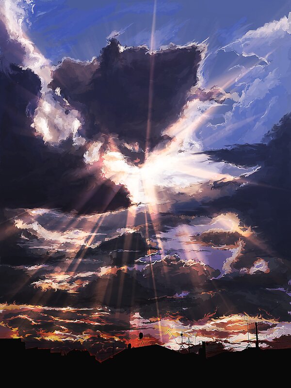 Sunlight Through Clouds — Blue, Dramatic, Sunset, Digital Art