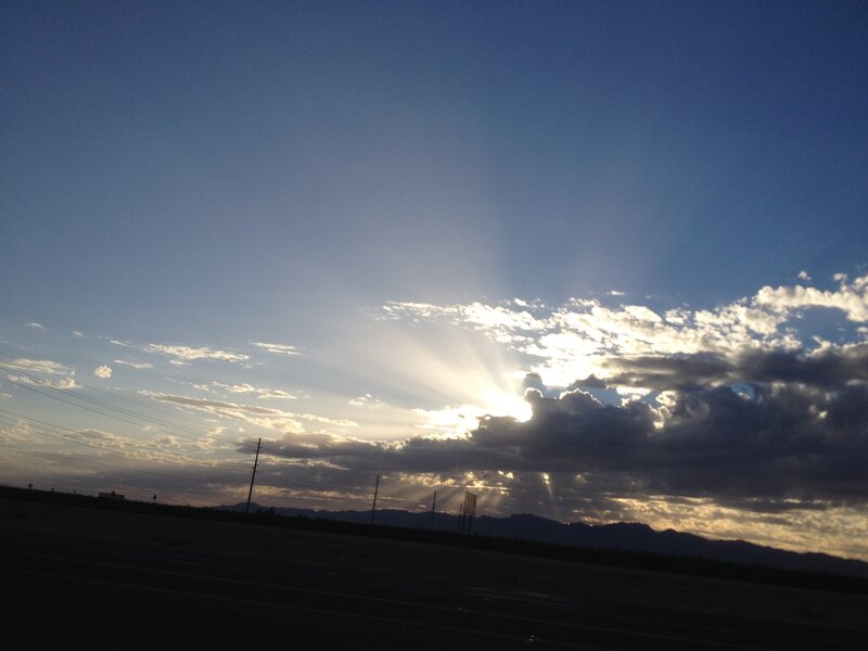 Sunlight Through Clouds — Blue, Dramatic, Sunset, Photograph, Mountains, Power Lines