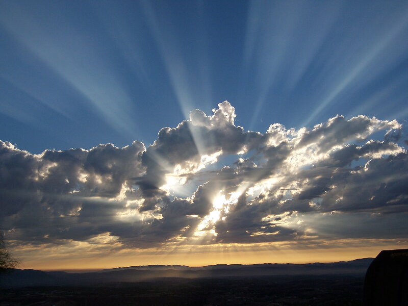 Sunlight Through Clouds — Blue, Dramatic, Sunset, Photograph, Mountains, Sky