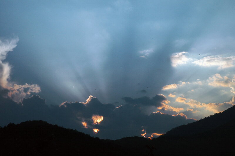 Sunlight Through Clouds — Blue, Dramatic, Sunset, Photograph, Mountains