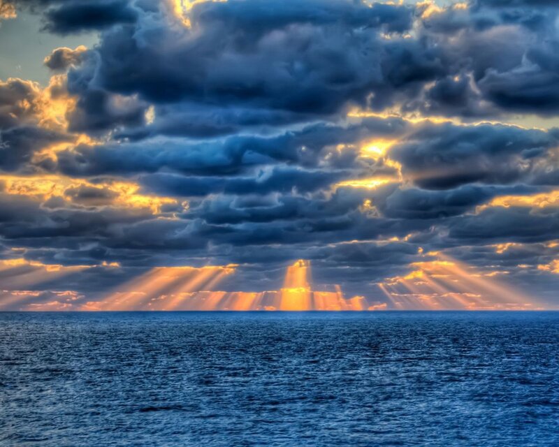 Sunlight Through Clouds — Blue, Dramatic, Sunset, Photograph, Ocean