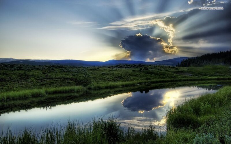 Sunlight Through Clouds — Blue, Dramatic, Sunset, Photograph, River, Grassland