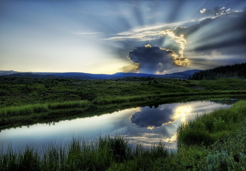Sunlight Through Clouds — Blue, Dramatic, Sunset, Photograph, River, Mountains