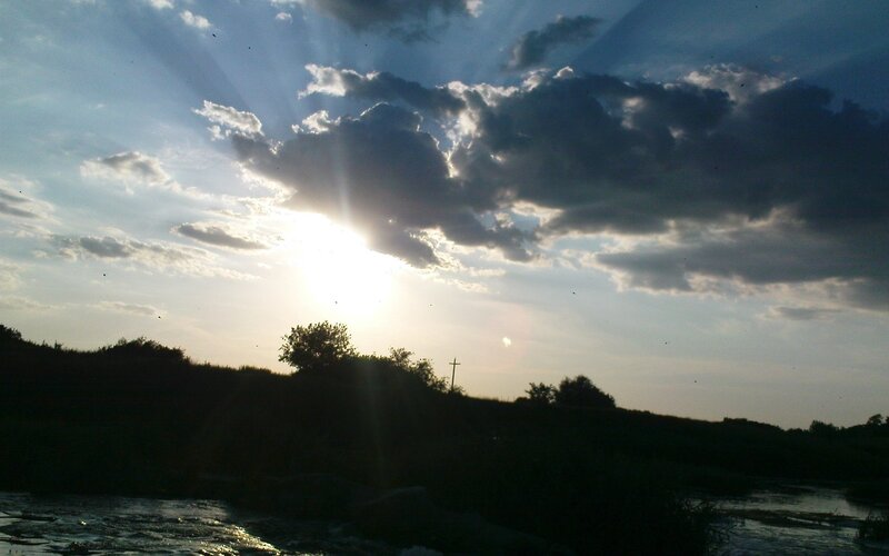 Sunlight Through Clouds — Blue, Dramatic, Sunset, Photograph, River, Trees
