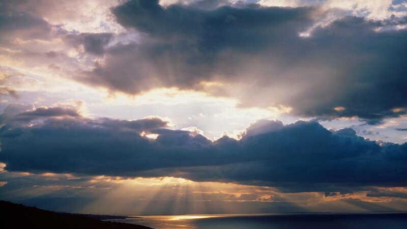 Sunlight Through Clouds — Blue, Dramatic, Sunset, Photograph, Sea, Sky