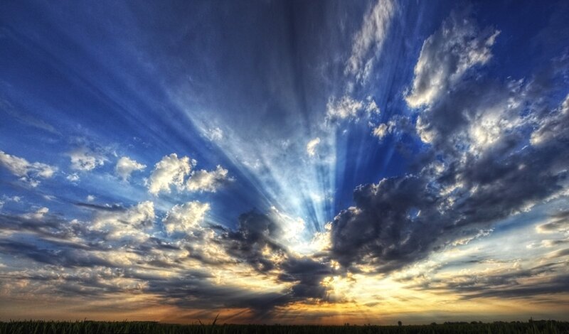 Sunlight Through Clouds — Blue, Dramatic, Sunset, Photograph, Sky, Field