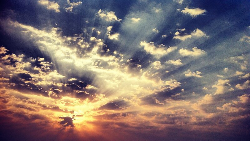 Sunlight Through Clouds — Blue, Dramatic, Sunset, Photograph, Sky, Sun, Yellow