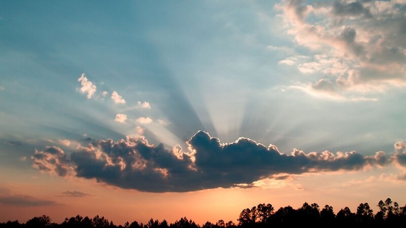 Sunlight Through Clouds — Blue, Dramatic, Sunset, Photograph, Sky, Trees, Orange, Gray