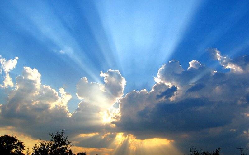 Sunlight Through Clouds — Blue, Dramatic, Sunset, Photograph, Sky, Trees, White
