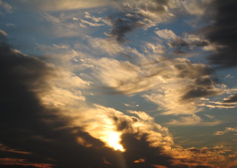 Sunlight Through Clouds — Blue, Dramatic, Sunset, Photograph, Sky, Yellow, Gray