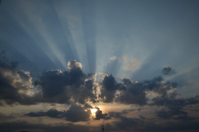 Sunlight Through Clouds — Blue, Dramatic, Sunset, Photograph, Sun, Antenna