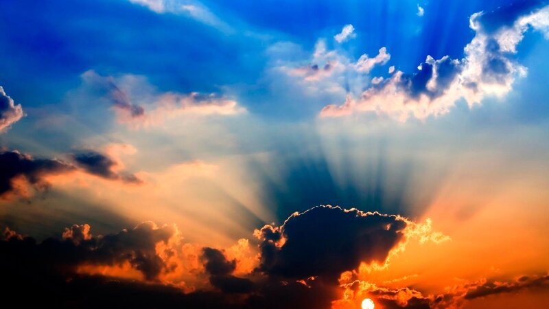 Sunlight Through Clouds — Blue, Dramatic, Sunset, Photograph, Sun, Sky