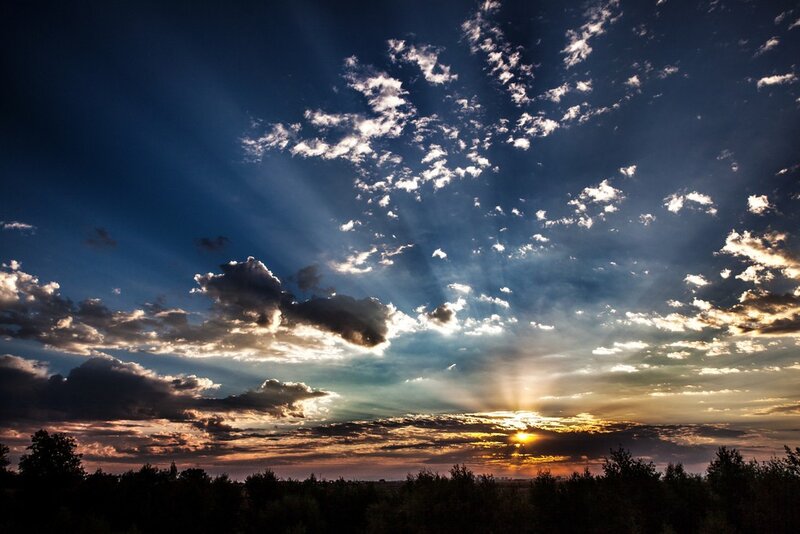 Sunlight Through Clouds — Blue, Dramatic, Sunset, Photograph, Trees, Sky, Orange, Black