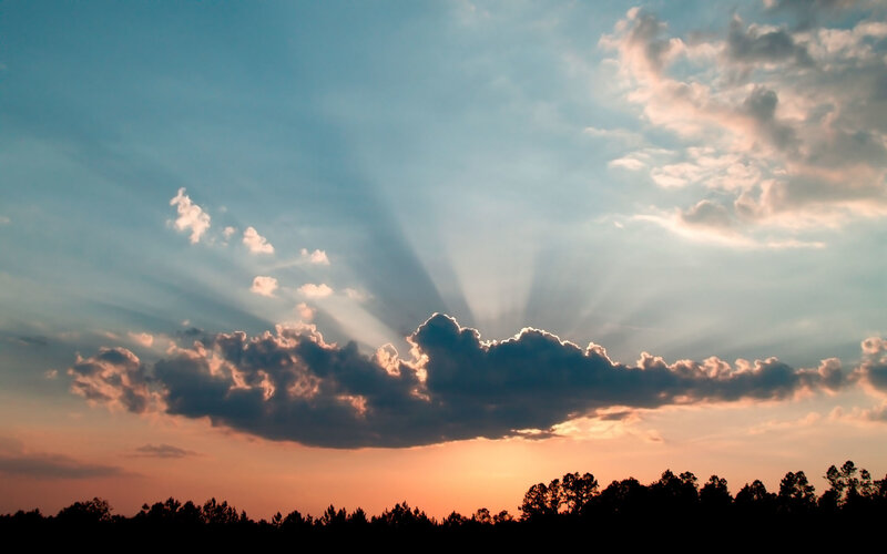 Sunlight Through Clouds — Blue, Dramatic, Sunset, Photograph, Trees, Sky, Orange, Gray
