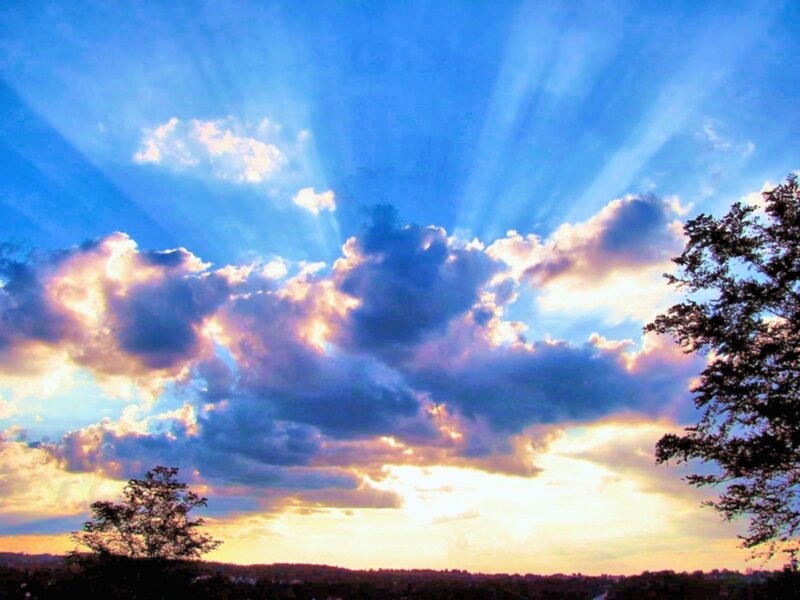 Sunlight Through Clouds — Blue, Dramatic, Sunset, Photograph, Trees, Sky