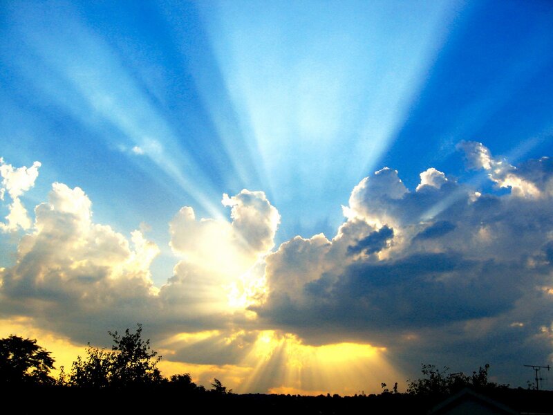 Sunlight Through Clouds — Blue, Dramatic, Sunset, Photograph, Trees