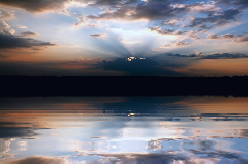 Sunlight Through Clouds — Blue, Dramatic, Sunset, Photograph, Water