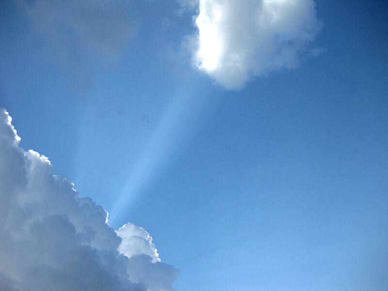 Sunlight Through Clouds — Blue, Serene, Afternoon, Photograph, Sky, Sunbeams