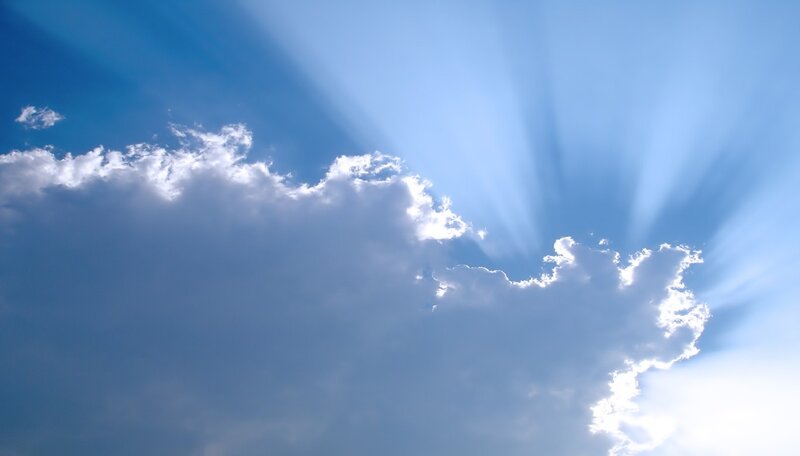 Sunlight Through Clouds — Blue, Serene, Morning, Photograph, Sunbeams