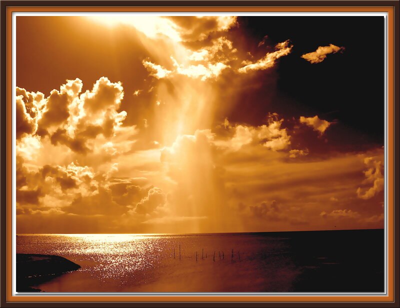 Sunlight Through Clouds — Gold, Dramatic, Sunset, Photograph, Sea, Sunbeams