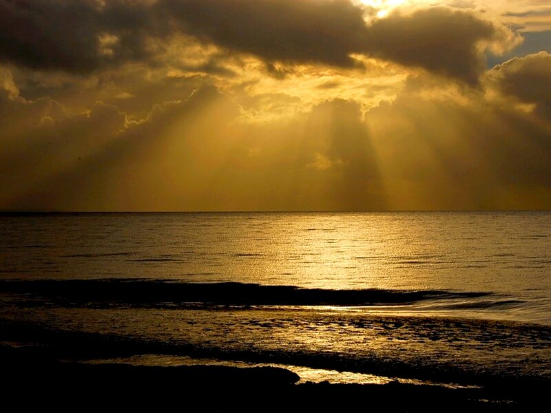 Sunlight Through Clouds — Gold, Dramatic, Sunset, Photograph, Sea