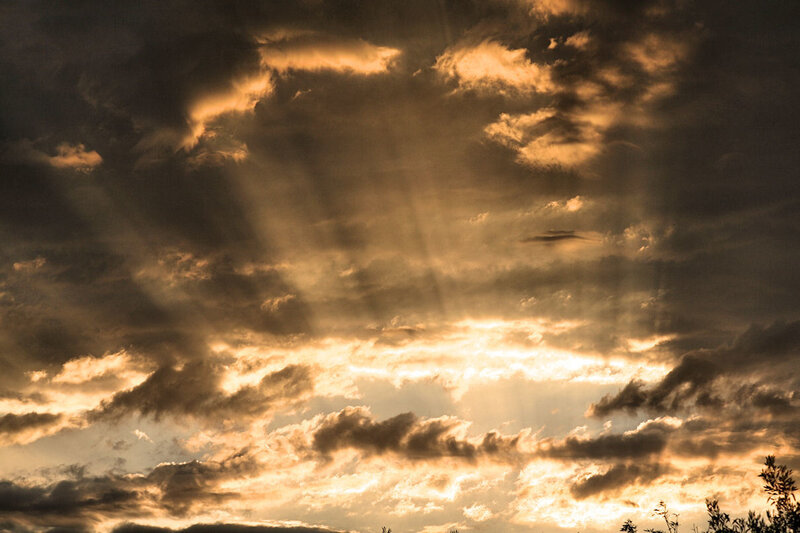 Sunlight Through Clouds — Gold, Dramatic, Sunset, Photograph, Sky, Trees