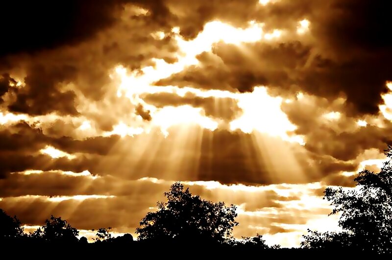 Sunlight Through Clouds — Gold, Dramatic, Sunset, Photograph, Trees
