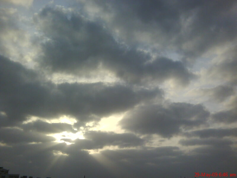 Sunlight Through Clouds — Gray, Dramatic, Morning, Photograph, Buildings