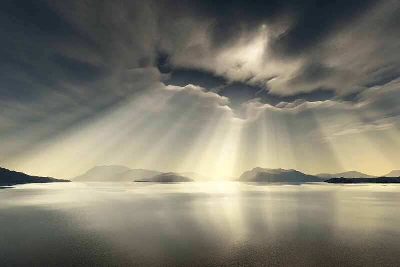 Sunlight Through Clouds — Gray, Dramatic, Sunrise, Photograph, Mountains, Water