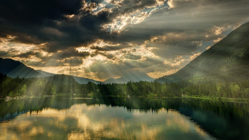 Sunlight Through Clouds — Green, Dramatic, Sunset, Photograph, Mountains