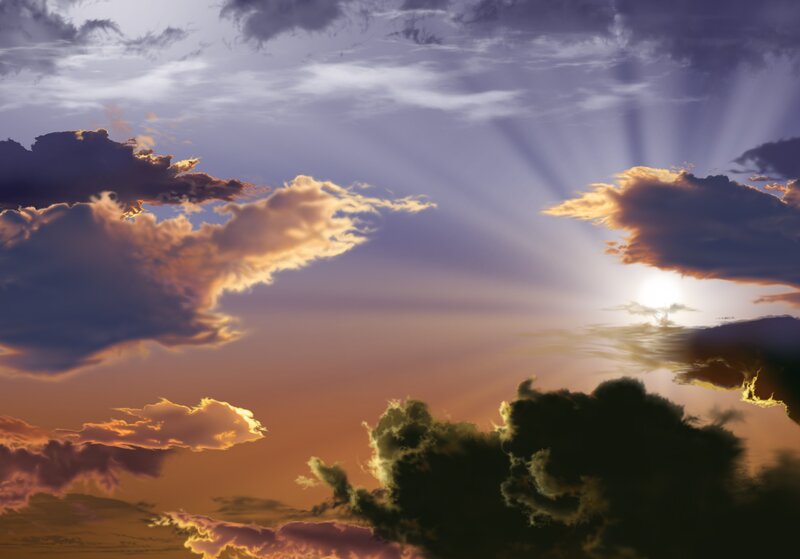 Sunlight Through Clouds — Orange, Dramatic, Sunset, Digital Art