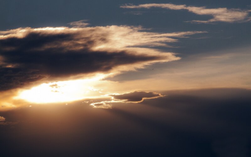 Sunlight Through Clouds — Orange, Dramatic, Sunset, Photograph, Blue