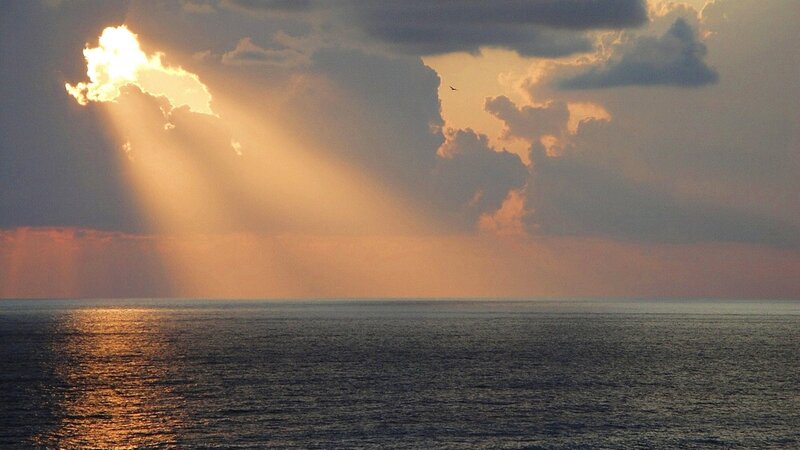 Sunlight Through Clouds — Orange, Dramatic, Sunset, Photograph, Ocean, Bird