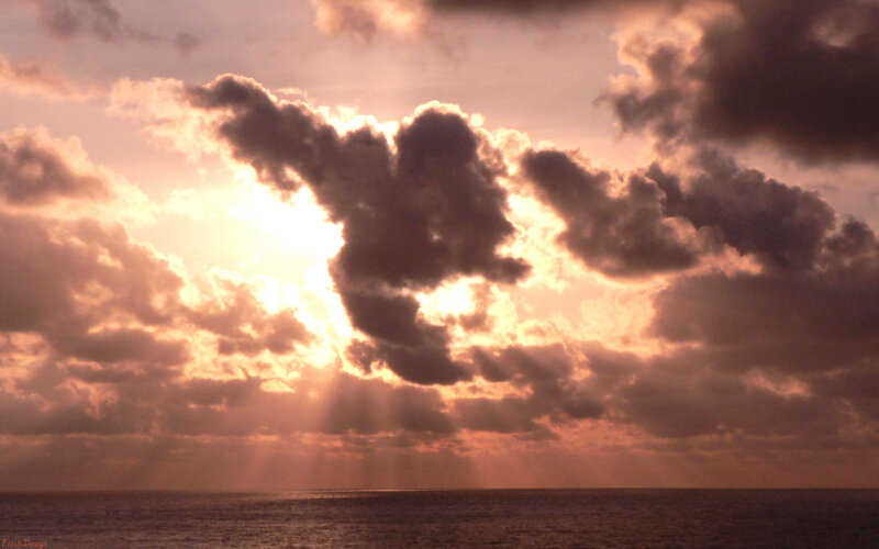 Sunlight Through Clouds — Orange, Dramatic, Sunset, Photograph, Ocean, Sun, Purple