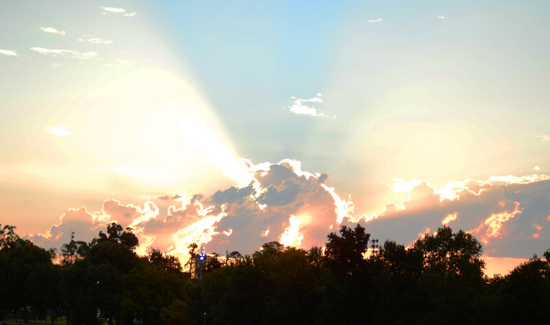Sunlight Through Clouds — Orange, Dramatic, Sunset, Photograph, Trees, Sky