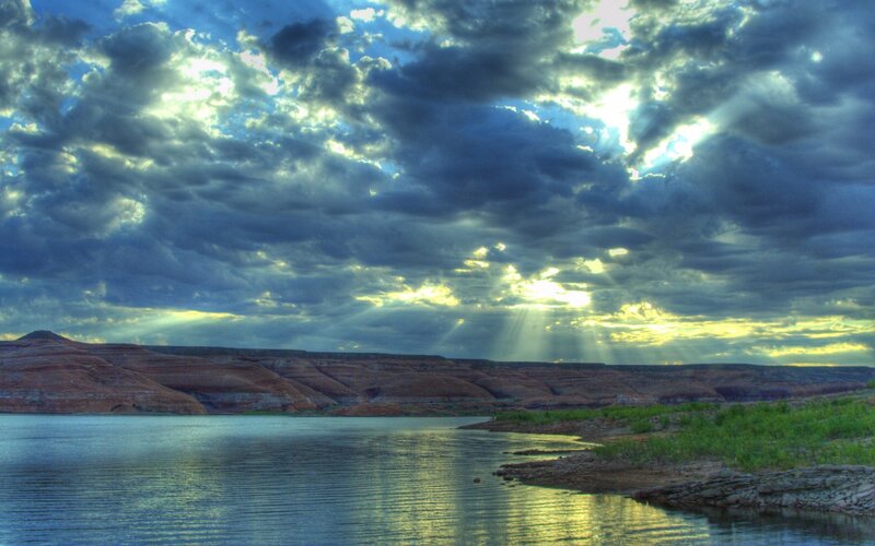 Sunlight Through Clouds over Lake — Blue, Dramatic, Sunrise, Photograph, Cliffs
