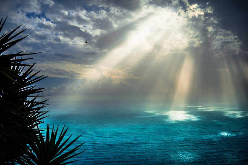 Sunlight Through Clouds over Ocean — Blue, Dramatic, Sunrise, Photograph, Palm Leaves