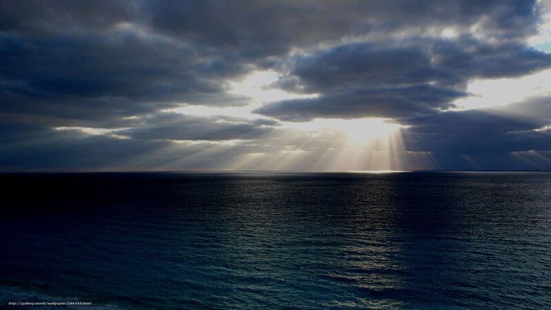 Sunlight Through Clouds over Ocean — Blue, Dramatic, Sunrise, Photograph, Sunbeams