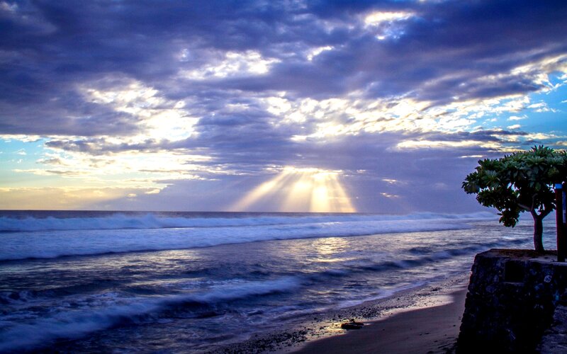 Sunlight Through Clouds over Ocean — Blue, Dramatic, Sunrise, Photograph