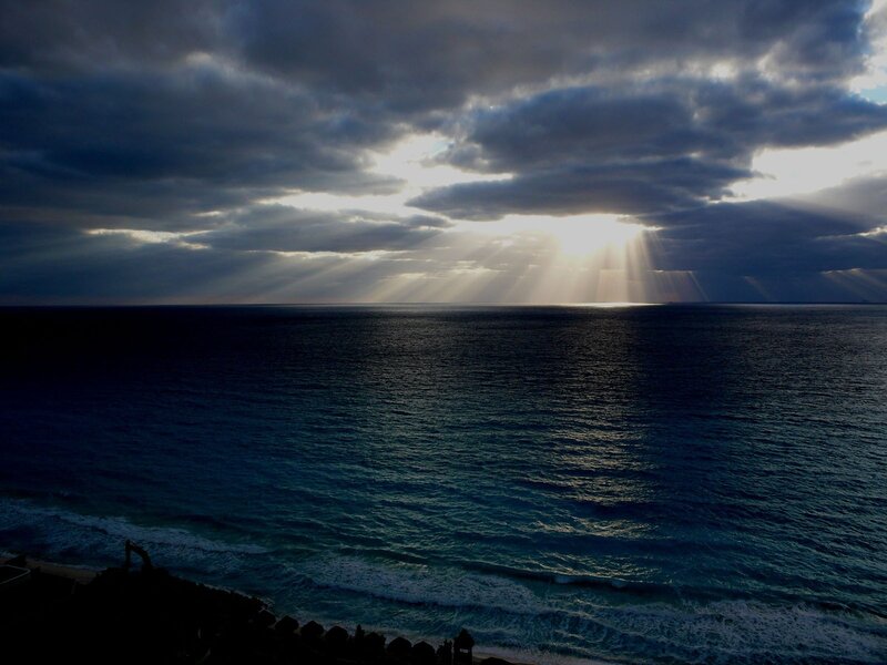 Sunlight Through Clouds over Ocean — Blue, Dramatic, Sunset, Photograph, Sunbeams