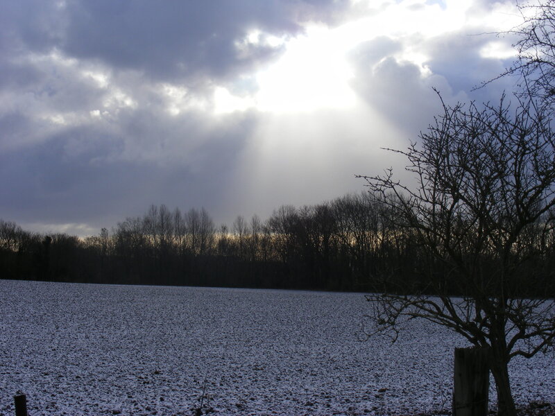 Sunlight through clouds over snowy field