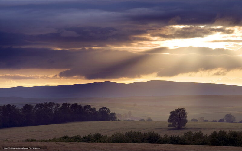 Sunlight Through Clouds — Purple, Dramatic, Sunset, Photograph, Hills