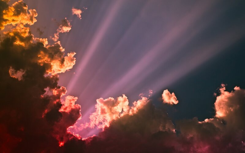 Sunlight Through Clouds — Purple, Dramatic, Sunset, Photograph, Sunbeams, Sky